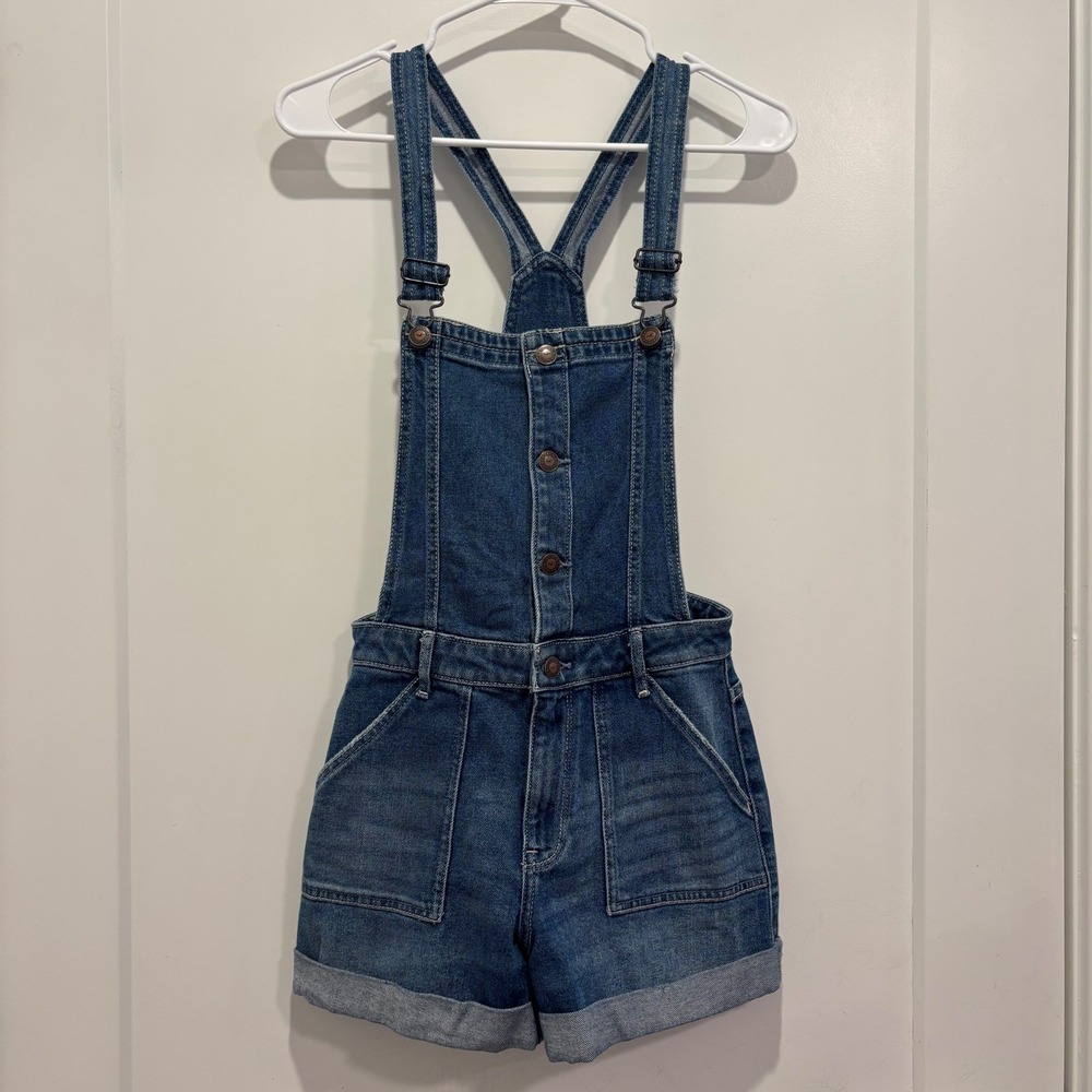 Hollister High Rise Mom Short Overalls Medium Wash Denim XS
